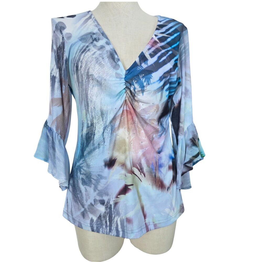 Impulse California Artwear Tunic | Abstract Blue Boho Rhinestone Ruffle Sleeve M - Picture 2 of 8